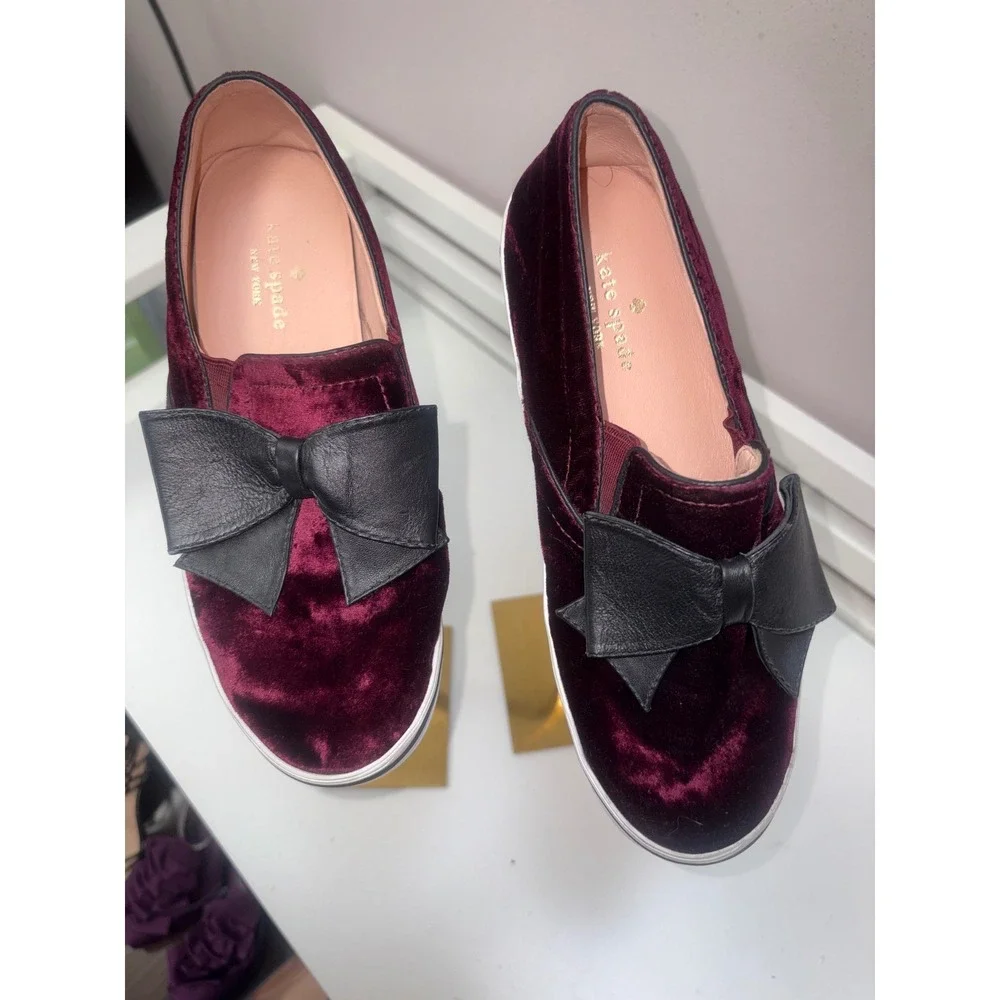 Kate Spade Velvet Bow Sneakers Burgundy Balletcore Chic Slip On Shoes 7.5